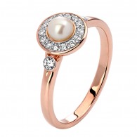 Кольцо с жемчугом и  фианитом из красного золота 585 пробы фото
