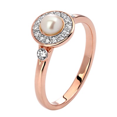 Кольцо с жемчугом и  фианитом из красного золота 585 пробы фото