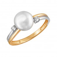 Кольцо с жемчугом и  фианитом из красного золота 585 пробы фото