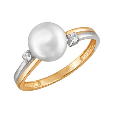 Кольцо с жемчугом и  фианитом из красного золота 585 пробы фото