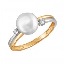 Кольцо с жемчугом и  фианитом из красного золота 585 пробы