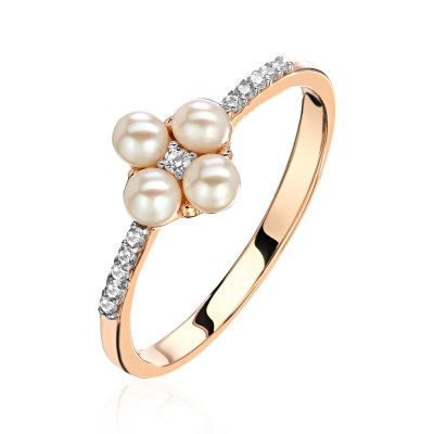Кольцо с жемчугом и  фианитом из красного золота 585 пробы фото
