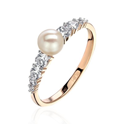 Кольцо с жемчугом и  фианитом из красного золота 585 пробы фото