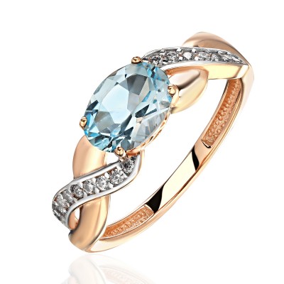 Кольцо с топазом и  фианитом из красного золота 585 пробы фото