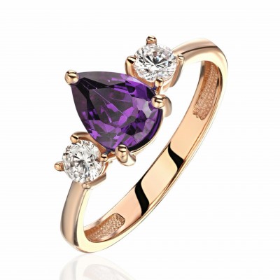 Кольцо с аметистом и  фианитом из красного золота 585 пробы фото