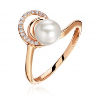 Кольцо с жемчугом и  фианитом из красного золота 585 пробы фото