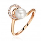 Кольцо с жемчугом и  фианитом из красного золота 585 пробы