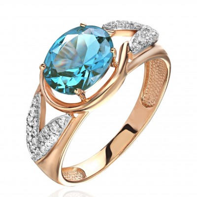 Кольцо с топазом и  фианитом из красного золота 585 пробы фото