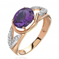 Кольцо с аметистом и  фианитом из красного золота 585 пробы фото