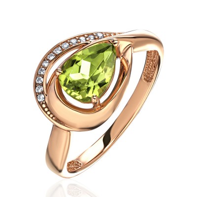 Кольцо с фианитом и хризолитом из красного золота 585 пробы фото