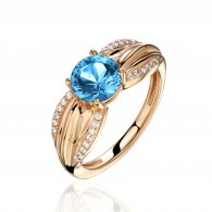 Кольцо с топазом и  фианитом из красного золота 585 пробы фото