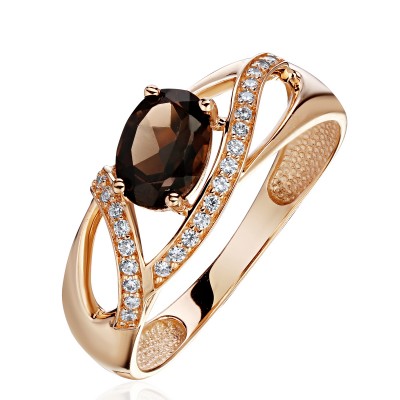 Кольцо с раухтопазом и  фианитом из красного золота 585 пробы фото