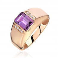 Кольцо с аметистом и  фианитом из красного золота 585 пробы фото