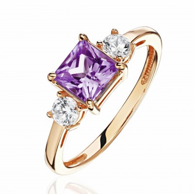Кольцо с аметистом и  фианитом из красного золота 585 пробы фото