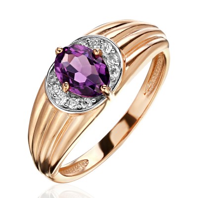 Кольцо с аметистом и  фианитом из красного золота 585 пробы фото