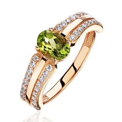 Кольцо с фианитом и хризолитом из красного золота 585 пробы фото