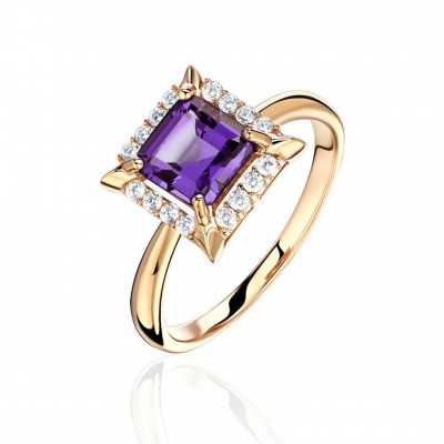 Кольцо с аметистом и  фианитом из красного золота 585 пробы фото