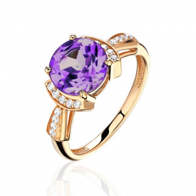 Кольцо с аметистом и  фианитом из красного золота 585 пробы фото