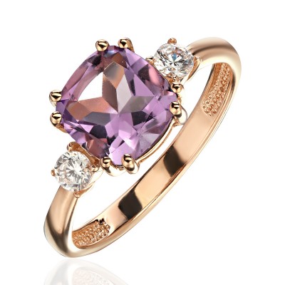 Кольцо с аметистом и  фианитом из красного золота 585 пробы фото