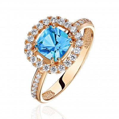 Кольцо с топазом и  фианитом из красного золота 585 пробы фото