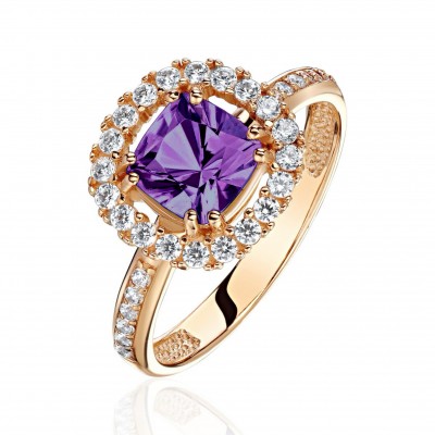 Кольцо с аметистом и  фианитом из красного золота 585 пробы фото