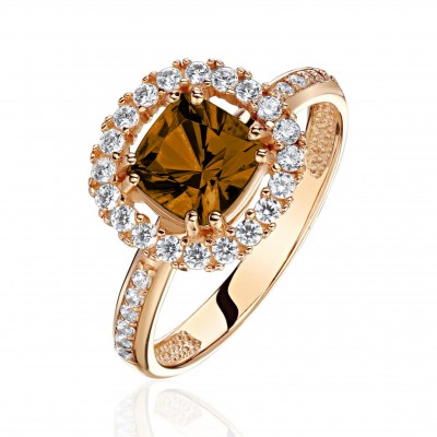 Кольцо с раухтопазом и  фианитом из красного золота 585 пробы фото