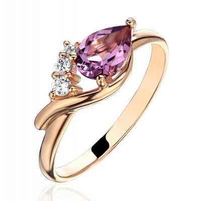 Кольцо с аметистом и  фианитом из красного золота 585 пробы фото