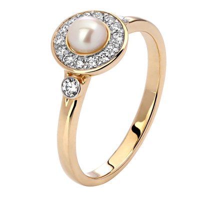 Кольцо с жемчугом и  фианитом из желтого золота 585 пробы фото