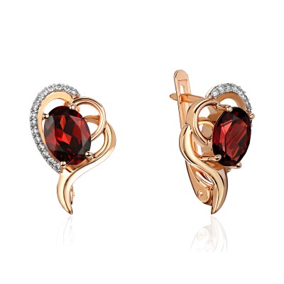 Серьги с гранатом и  фианитом из красного золота 585 пробы фото