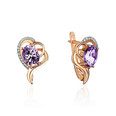 Серьги с аметистом и  фианитом из красного золота 585 пробы фото