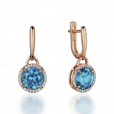 Серьги с топазом и  фианитом из красного золота 585 пробы фото