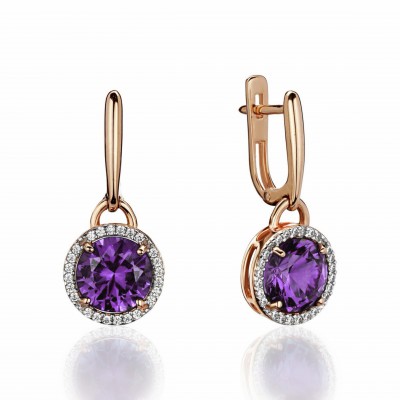 Серьги с аметистом и  фианитом из красного золота 585 пробы фото