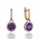 Серьги с аметистом и  фианитом из красного золота 585 пробы