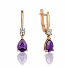 Серьги с аметистом и  фианитом из красного золота 585 пробы