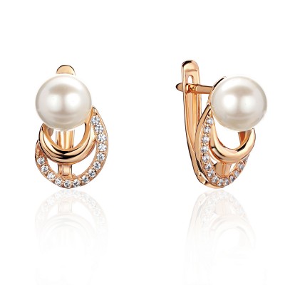 Серьги с жемчугом и  фианитом из красного золота 585 пробы фото