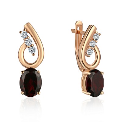 Серьги с гранатом и  фианитом из красного золота 585 пробы фото