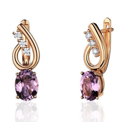 Серьги с аметистом и  фианитом из красного золота 585 пробы фото