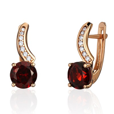 Серьги с гранатом и  фианитом из красного золота 585 пробы фото