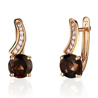 Серьги с раухтопазом и  фианитом из красного золота 585 пробы фото