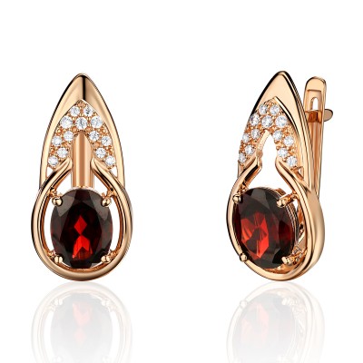 Серьги с гранатом и  фианитом из красного золота 585 пробы фото