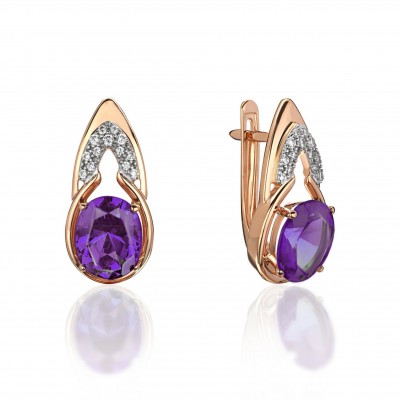 Серьги с аметистом и  фианитом из красного золота 585 пробы фото