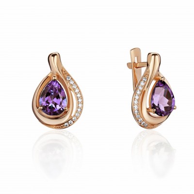 Серьги с аметистом и  фианитом из красного золота 585 пробы фото