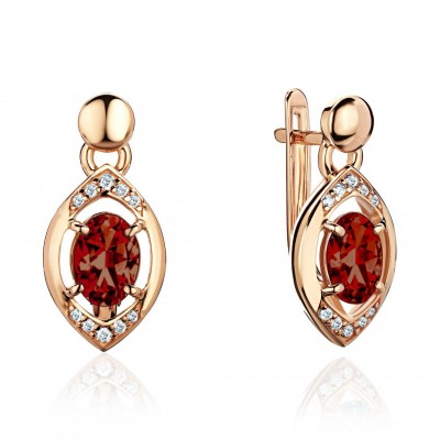 Серьги с гранатом и  фианитом из красного золота 585 пробы фото