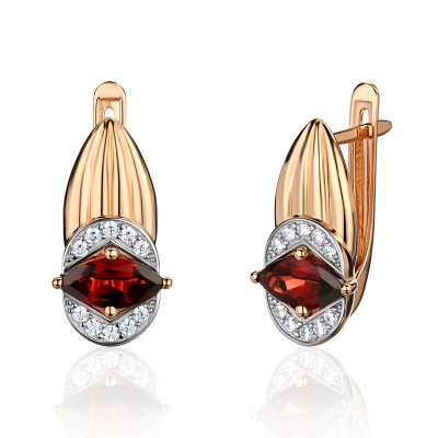 Серьги с гранатом и  фианитом из красного золота 585 пробы фото