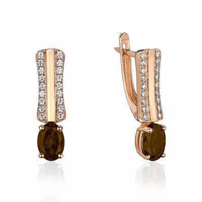 Серьги с раухтопазом и  фианитом из красного золота 585 пробы фото