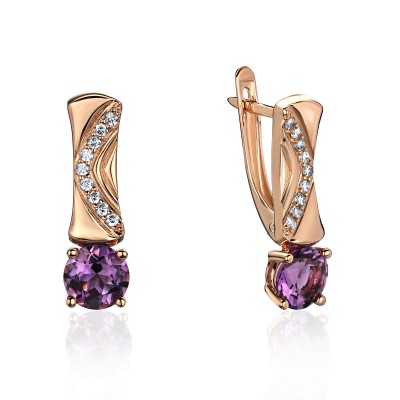 Серьги с аметистом и  фианитом из красного золота 585 пробы фото