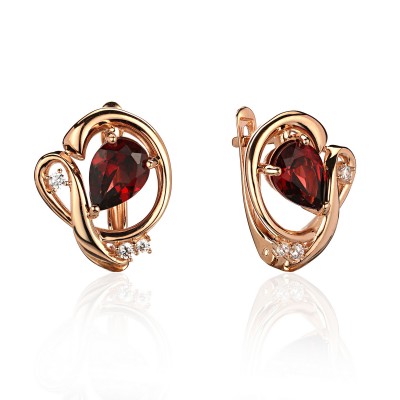 Серьги с гранатом и  фианитом из красного золота 585 пробы фото