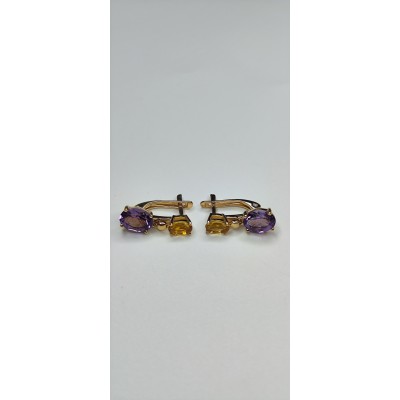Серьги с аметистом и цитрином из красного золота 585 пробы фото