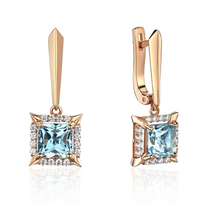 Серьги с топазом и  фианитом из красного золота 585 пробы фото