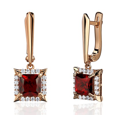 Серьги с гранатом и  фианитом из красного золота 585 пробы фото